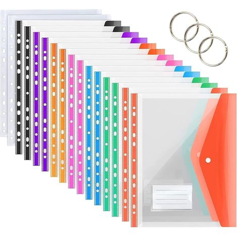 16 Pièces Poches Perforées Extensibles, 8 Couleurs A4 Portefeuilles en Plastique Fichier de Documents Dossiers Popper Classeur à Anneaux A4 avec Bouton Pression, Poche pour Étiquette et Anneau (1/5)