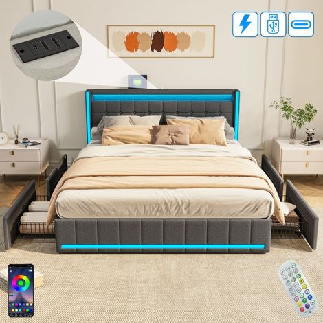 Lit adulte capitonné 140x190 cm, avec 4 tiroirs de rangement, éclairage LED, Télécommande, sommier à lattes, USB fonction de charge type C, tissu lin, lit double - Gris