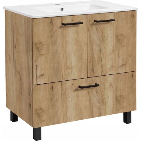 Meuble de salle de bain avec lavabo - Chêne brun - 70 cm - Meuble sur pied - Tiroir (1/5)