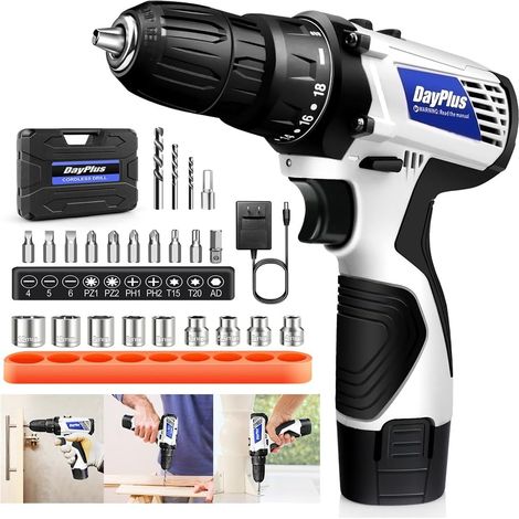 Perceuse / visseuse électrique sans fil 12V, couple 18+1, mandrin de 3/8 pouce, deux vitesses, couple de 45 nm, avec éclairage LED, comprenant 1 batterie et un chargeur, ensemble d'accessoires de 23 p