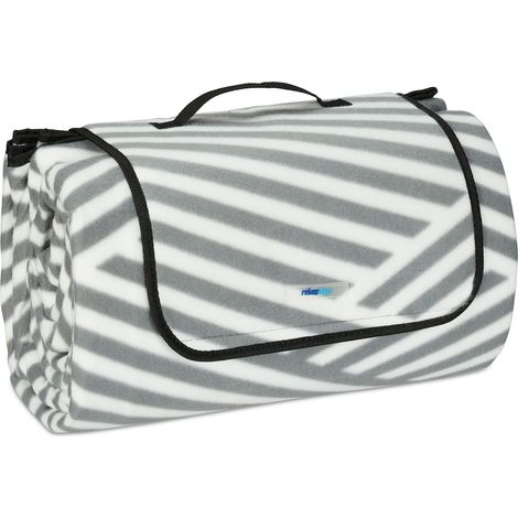 Relaxdays XXL Picknickdecke, 200x300 cm, Fleece Stranddecke weich, wärmeisoliert, wasserdicht, mit Tragegriff, grau/weiß