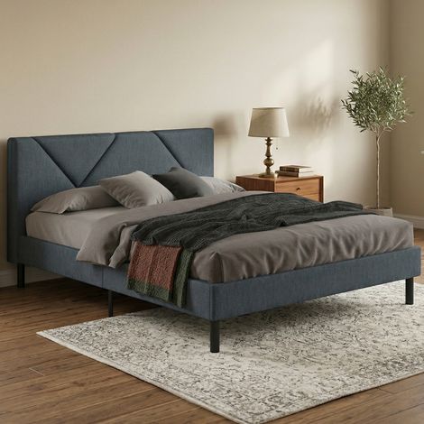 Dmora - Letto piazza e mezza Zeffirio, Letto imbottito in tessuto con testiera, Doghe in legno, adatto a materasso da 120x190, Blu (1/5)