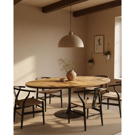 Sofia- Table ovale 8 personnes en bois massif , Plateau Manguier & Pied Tulipe Noir Mat