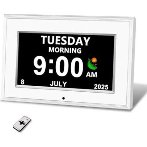 Réveil numérique pour seniors - Affichage HD date sans abréviation, cadre photo avec gradation automatique, bruit blanc, réglage heure d'été, pour personnes âgées (7 pouces blanc) (1/5)