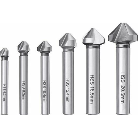 6 fraises à chanfreiner HSS 6542 à 90°, forets hélicoïdaux, outil d'ébavurage cylindrique pour bois, métal, PVC, machines-outils, diamètres : 6,3/8,3/10,4/12,4/16,5/20,5 mm (1/5)