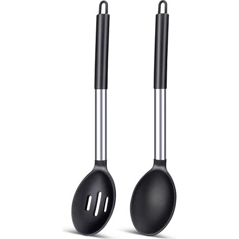 Cuillère À Cuisine En Silicone - 230 °C Résistant - Tête En Silicone Alimentaire BPA Free - Manche En Acier Inoxydable 18/8 - Cuillère Percée Et Pleine - Lot De 2
