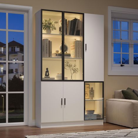 Vitrine avec porte, 200 cm de hauteur, Vitrine avec éclairage LED, Bibliothèque multi-rangement pour collection, Chambre, Salon, Bureau, Meuble avec porte vitrée et structure en aluminium