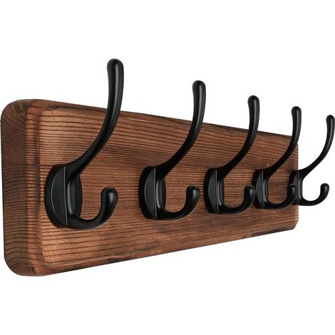 Große, 44 cm hohe Wandgarderobe aus Holz mit 5 Doppelhaken im rustikalen Stil für Taschen/Jacken/Hüte (1/5)