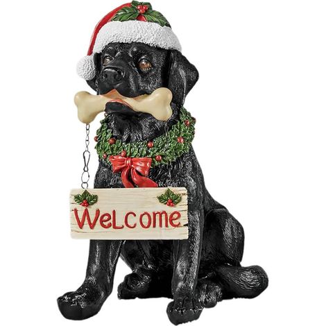 Chien Statue Résine Noir Labrador avec Bonnet Père Noël, Veilleur de Noël, Décoration d'Entrée, Armoires, Porche (1/5)