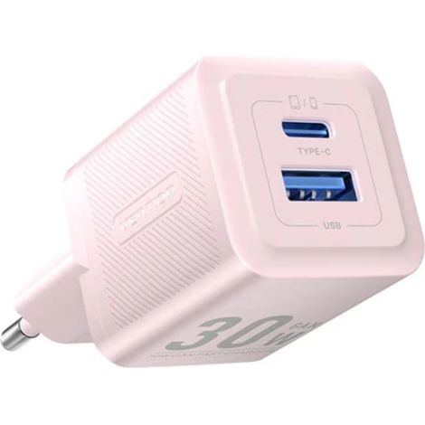 Wandladegerät mit 2 Anschlüssen 30W USB-A, USB-C GaN Ladegerät EU-Stecker Pink