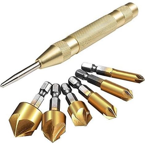 Lot de 6 fraises à chanfreiner HSS à queue hexagonale de 5 pouces avec pointeau central automatique, outils d'ébavurage de 12,7 cm pour acier, bois et plastique