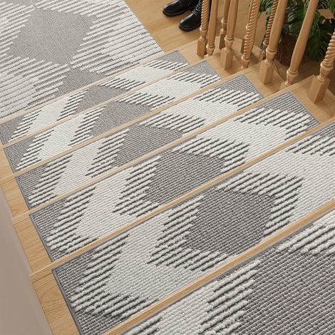 Ensemble de tapis de marche d'escalier Motif géométrique gris-blanc 2076cm 7 pièces Tapis d'escalier antidérapants pour une utilisation intérieure à la maison (1/5)