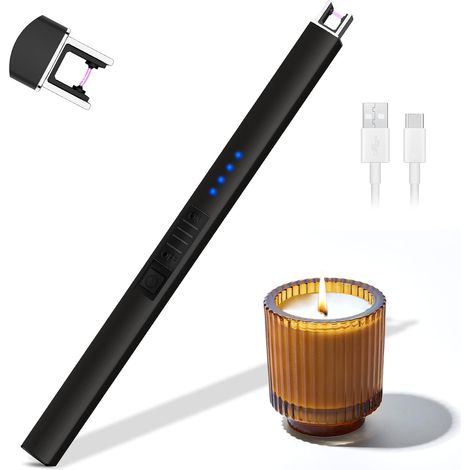 Bougie Electrique, Rouclo Briquet Électrique USB Rechargeable avec Affichage LED,Briquet Arc Électrique Coupe-Vent sans Flamme pour Cuisine,Bougie,Barbecue,Cheminée,Gazinière (Noir) (1/5)
