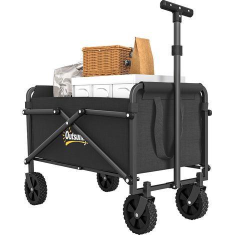 Outsunny 41L Festival Trolley on Wheels, Compact Garden Folding Trolley Cart, 60kg Heavy Duty Collapsible Foldable Wagon with Adjustable Handle and Carrying Bag for Beach, Camping, Festival, Black