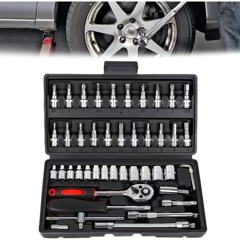 Coffret de clés à cliquet 46 pièces Petit : Cliquet à changement rapide à serrage rapide, clés à douille en acier Cr-V avec cliquet à changement rapide de 6,35 mm, jeu de douilles, pour (1/5)