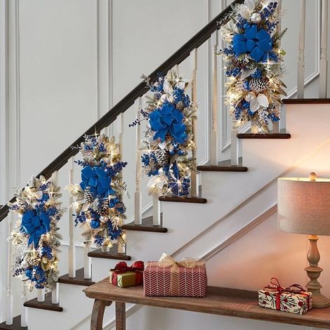 Couronne de Noël, guirlande sans fil pour escalier en forme de Noël, guirlande décorative à fixer à la porte d'entrée, guirlande murale - bleue, 1 pièce