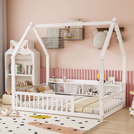 Lit cabane enfant 140x200 cm au sol avec toit maison, 4 niches de rangement, garde-corps de sécurité et large entrée, structure en pin et MDF, blanc (1/5)
