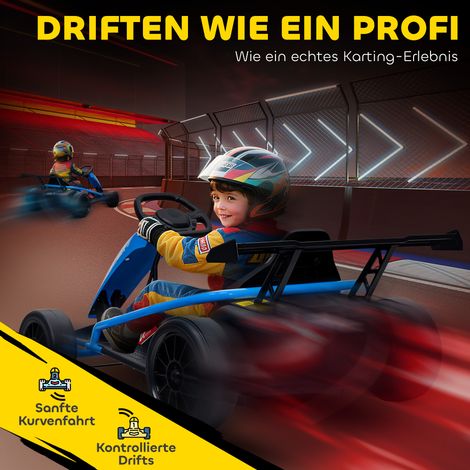 Kart électrique 24V drift pilotage, pneus nylon, ceinture sécurité, klaxon, musique enfant 8-12 ans bleu