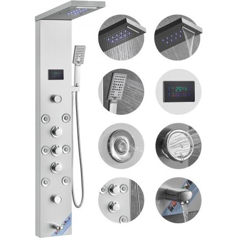 Duschpaneelsystem, 6 Duschmodi, LED- und Bildschirm-Wasserkraft-Duschpaneelturm, Regenfall, Wasserfall, 8 Massagedüsen, Wannenauslauf, Handbrause, Wandduschset aus Edelstahl (1/5)