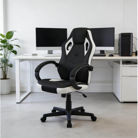 Sedia da ufficio gaming ergonomica, altezza regolabile, poggiatesta, nero e bianco HAVRYA (1/5)