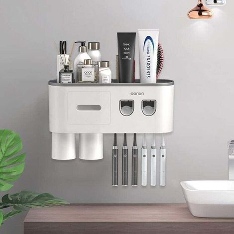 Wall Mounted Toothbrush Holder with Automatic Toothpaste Dispensers Gray 2 Cups (1/4)