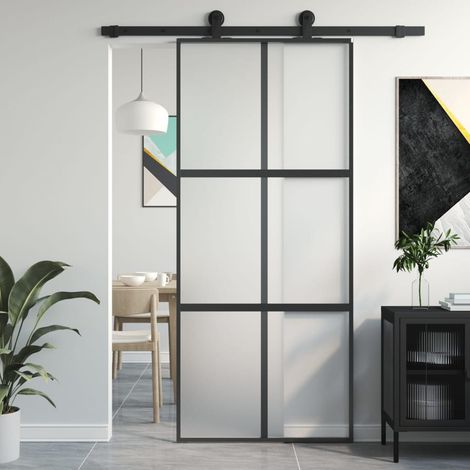 Porte Coulissante-Porte intérieure noir 90x205 cm verre trempé aluminium 780416 (1/5)