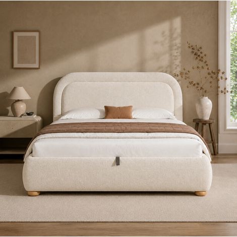 Cama con arcón 140 x 200 cm con somier, almacenaje hidráulico, bouclé beige DESVIAE (1/5)