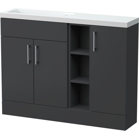 Wichnor Floor Standing Compact 3 Door Combination Vanity Basin Unit with Open Shelves and Polymarble Basin, 1100mm, Dark Grey