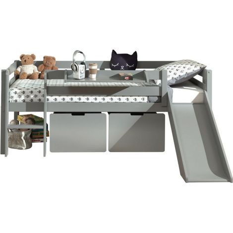 Pack - Lit Enfant Surélevé, 2 Tiroirs & Étagère "Pino" Gris (1/5)