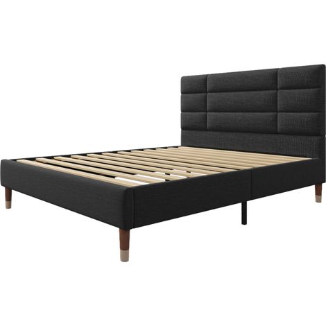 Letto Adulto 140×200 cm, Letto Matrimoniale in Lino con Testiera Imbottita, senza Materasso, Nero (1/5)
