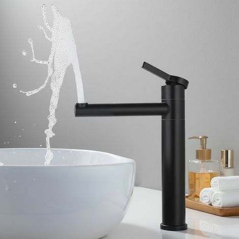 Rubinetto per lavabo da bagno, nero, miscelatore a colonna, girevole a 360°, con 50 attacchi per acqua calda/fredda, rubinetto a colonna per lavabo da bagno