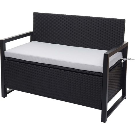 Banc 2 places en polyrotin HWC-F39, banc de jardin banc, compartiment de rangement- anthracite, coussins gris (1/5)