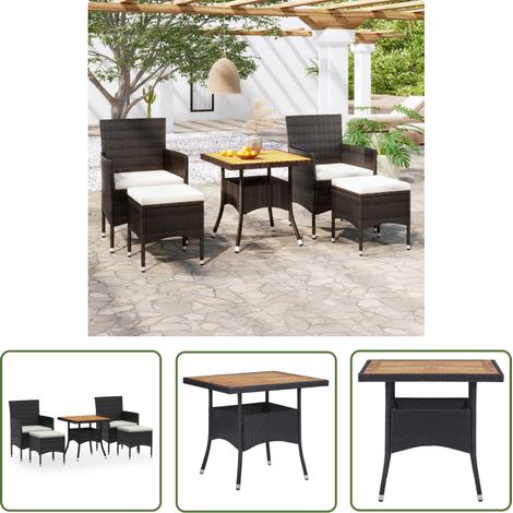 The Living Store 5-tlg. Garten-Essgruppe Poly Rattan & Massivholz Akazie Schwarz - Gartenmöbeln - Esstisch - Gartengarnitur - Outdoor-Möbel - Rattanmöbel (1/5)