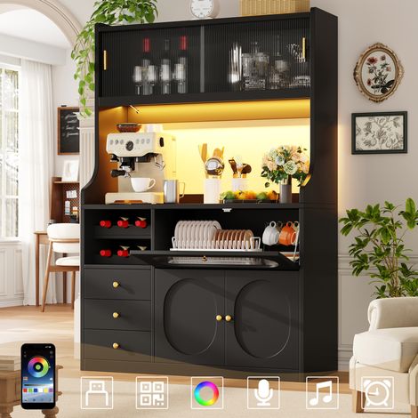Mobile da cucina alto 120x40x180 cm con illuminazione a LED RGB, ante scorrevoli in vetro, 3 cassetti, in MDF e metallo, nero (1/5)