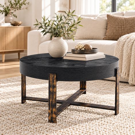 Table basse ronde Ø 68 cm, style vintage industriel, noir aspect bois, plateau 10 cm d'épaisseur, cadre en métal avec renfort en X (1/5)