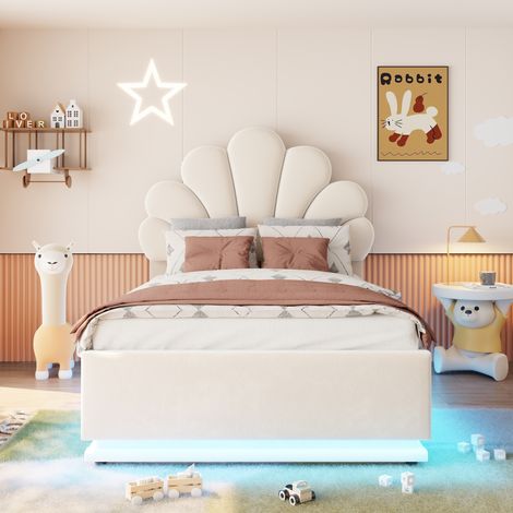 Lit capitonné 90x200 cm, tête de lit fleurie, coffre hydraulique, éclairage LED, cadre en métal, revêtement velours beige, beige (1/5)