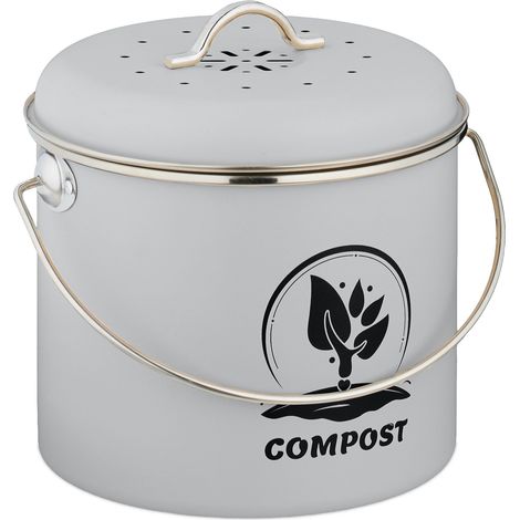 Relaxdays seau à compost cuisine, 3,5 L, 2 filtres charbon actif, couvercle, poignée, métal, gris (1/5)