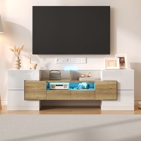 Mobile TV 145 cm, con LED, 4 porte, 2 cassetti di deposito, mensola in vetro, alta lucentezza, moderno, mobile da soggiorno in legno - Naturale