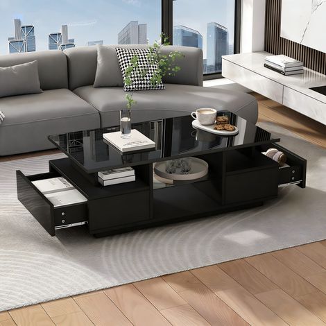 Couchtisch aus Spanplatte in Schwarz Hochglanz 100 cm mit 2 Schubladen, LED und Glasablagen