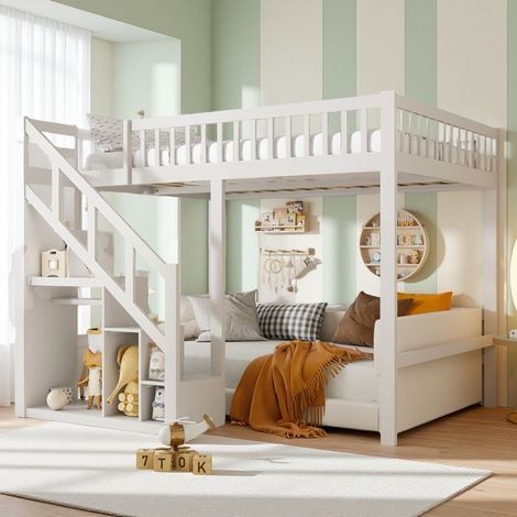 Etagenbett Kinder - Etagenbett 90x200 cm - Massivholz - Stauraumtreppe - Lattenrost