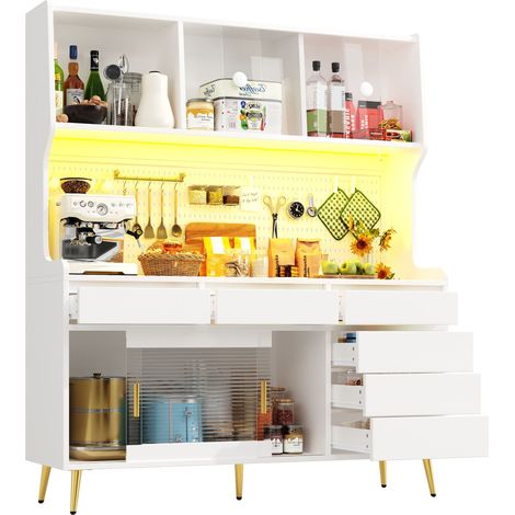 Aparador Alto con Puertas Correderas y LED con control por aplicacion, en MDF y Vidrio, 145 x 39 x 171 cm, Blanco (1/5)
