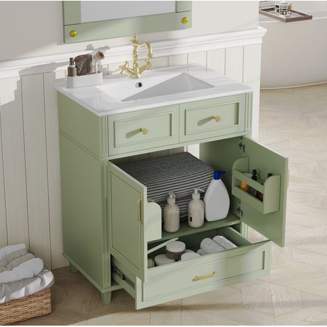 Meuble lave-mains MDF vert avec vasque en céramique, tiroir soft-close et rangements, 81 x 45,5 x 86,5 cm (1/5)