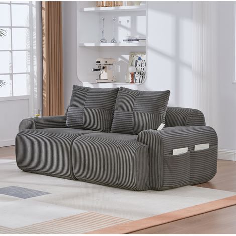 Sofá modular de 2 plazas con portavasos y bolsillo lateral en pana gris oscuro HAVRYA (1/5)