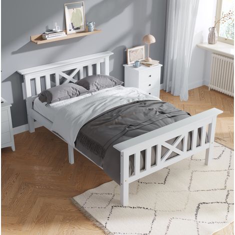 Bett klassisch 90x200 cm aus Massivholz weiß mit X-Kopfteil und Lattenrost (1/5)