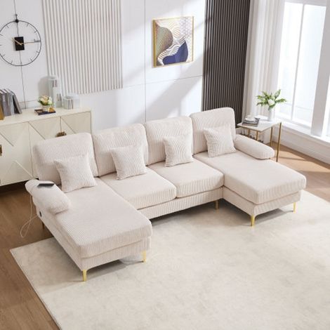 Divano ad Angolo a U 265x135 cm in Velluto Beige, Illuminazione LED Ambientale e Porta USB (1/5)