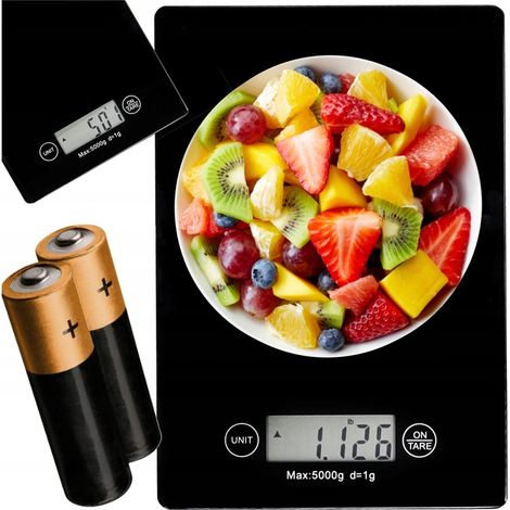 Balanza de cocina electrónica negra de 5 kg, precisa para pesar y medir.
