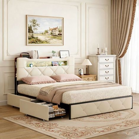 Letto 140x190, POCKETPOP, testata imbottita LED, 4 cassetti, 2 USB + Type-C, rete a doghe, velluto beige