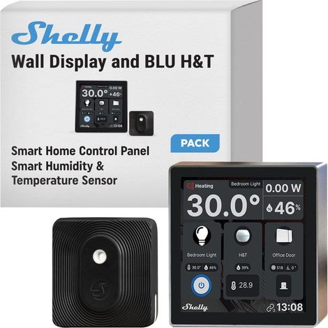 SHELLY WALL DISPLAY NOIR + BLU H&T NOIR (BUNDLE), KIT DOMOTIQUE WI-FI & BLUETOOTH, PANNEAU DE CONTRÔLE, CAPTEUR DE TEMPÉRATURE E