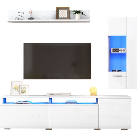 Mueble TV con Vitrina y Estante de Pared, 4 Puertas, LED, Acabado Brillante, para Salón, en MDF, Blanco (1/5)