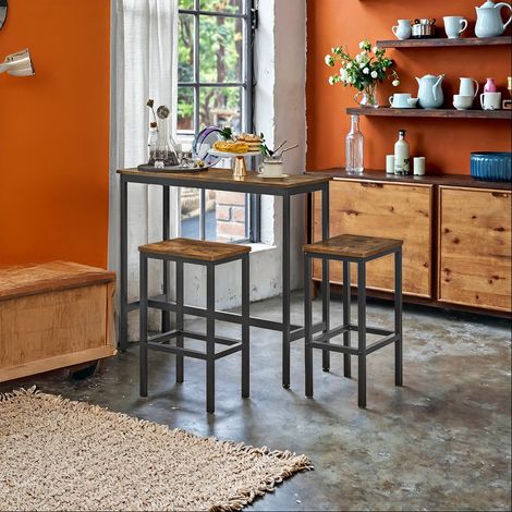 Ensemble de Meubles de Salle à Manger, Table Petit-Déjeuner avec 2 Tabourets Hauts, Cadre en Acier, Style Industriel, Marron et Noi